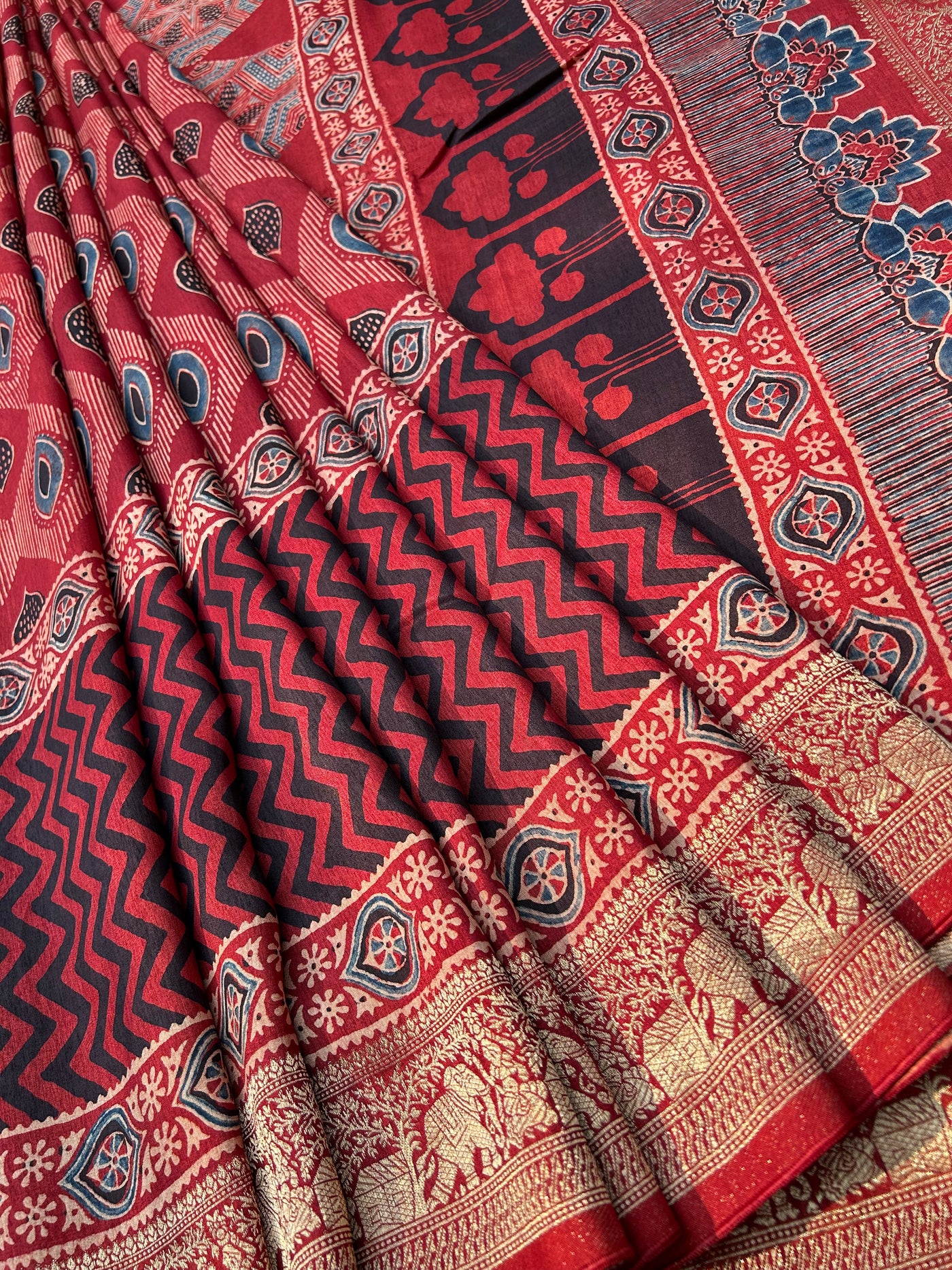 Rubina:Handblock Ajrakh Dola Silk Saree With Meenakari Pallu.