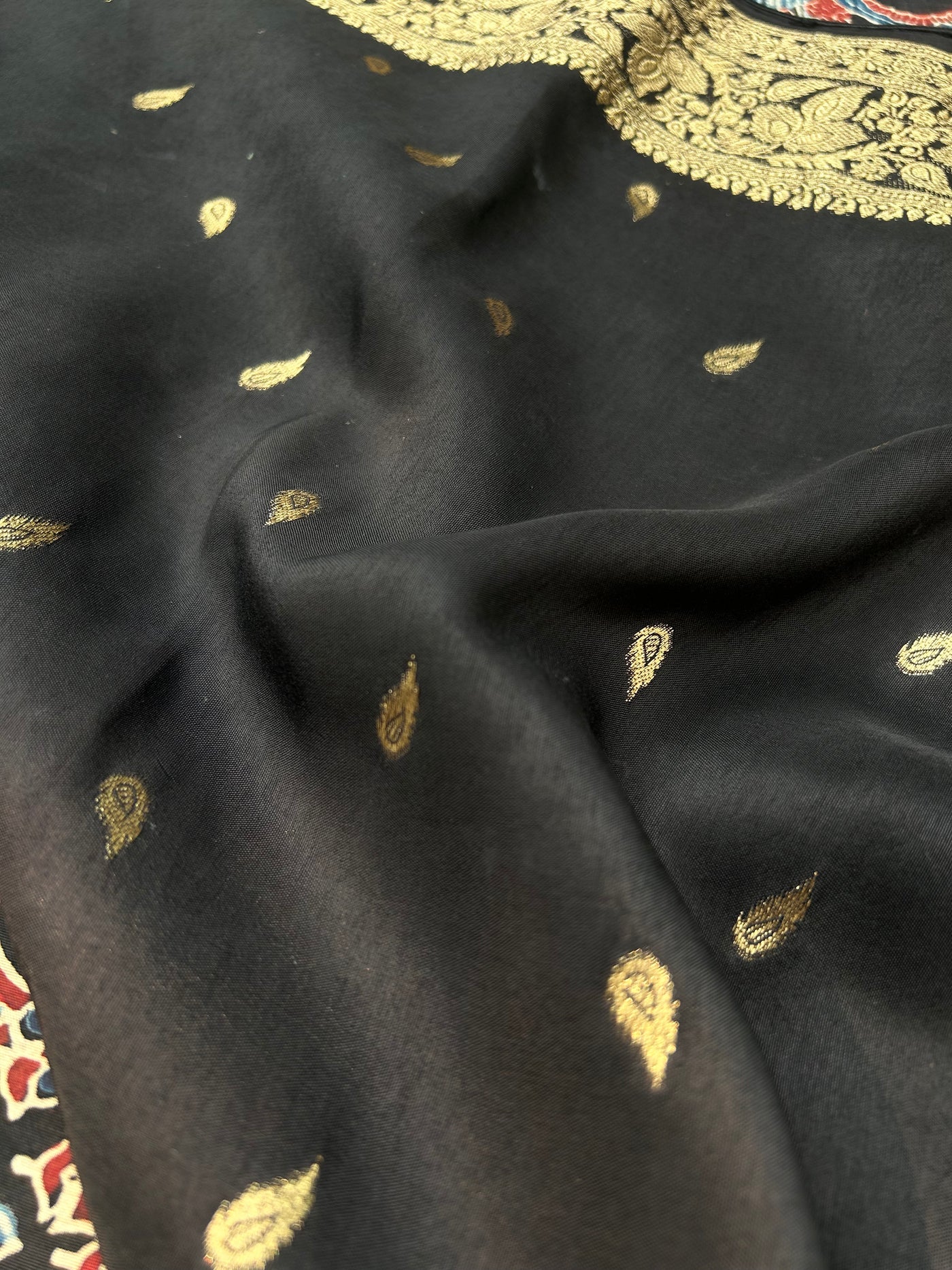 Dreamy Black:Handblock Ajrakh Dola Silk Saree With Meenakari Pallu.