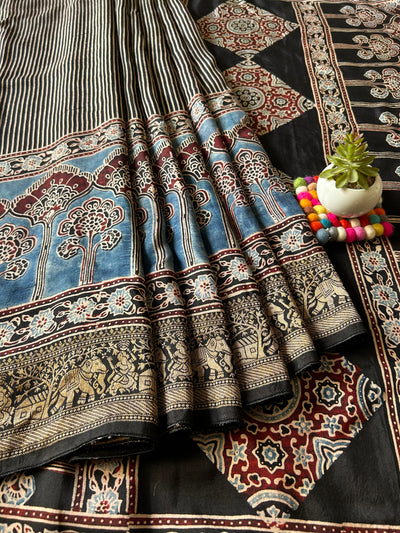 GUNJA:Handblock Ajrakh Dola Silk Ajrakh Saree with Meenakari Pallu