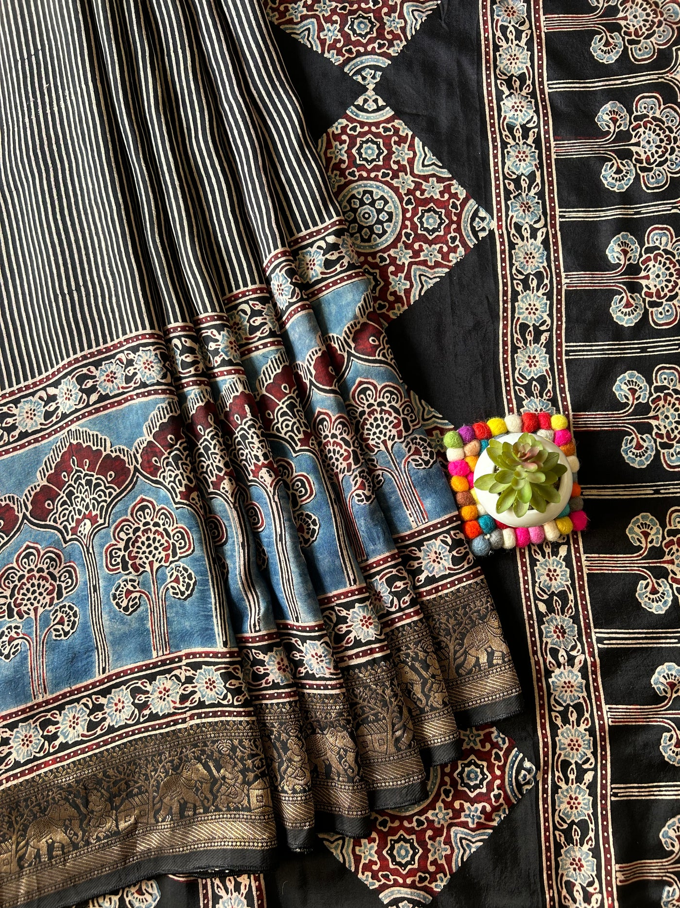 GUNJA:Handblock Ajrakh Dola Silk Ajrakh Saree with Meenakari Pallu