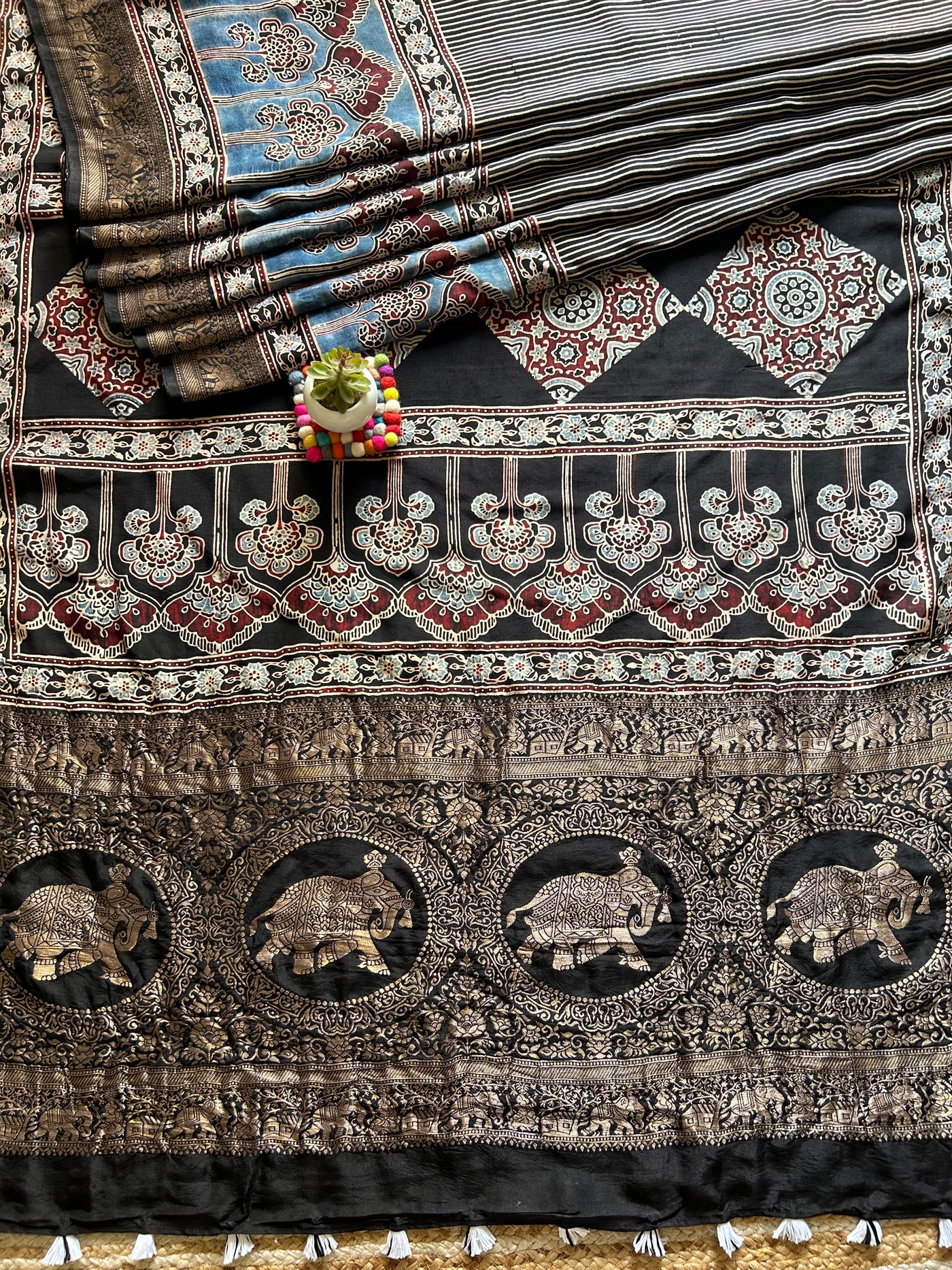 GUNJA:Handblock Ajrakh Dola Silk Ajrakh Saree with Meenakari Pallu