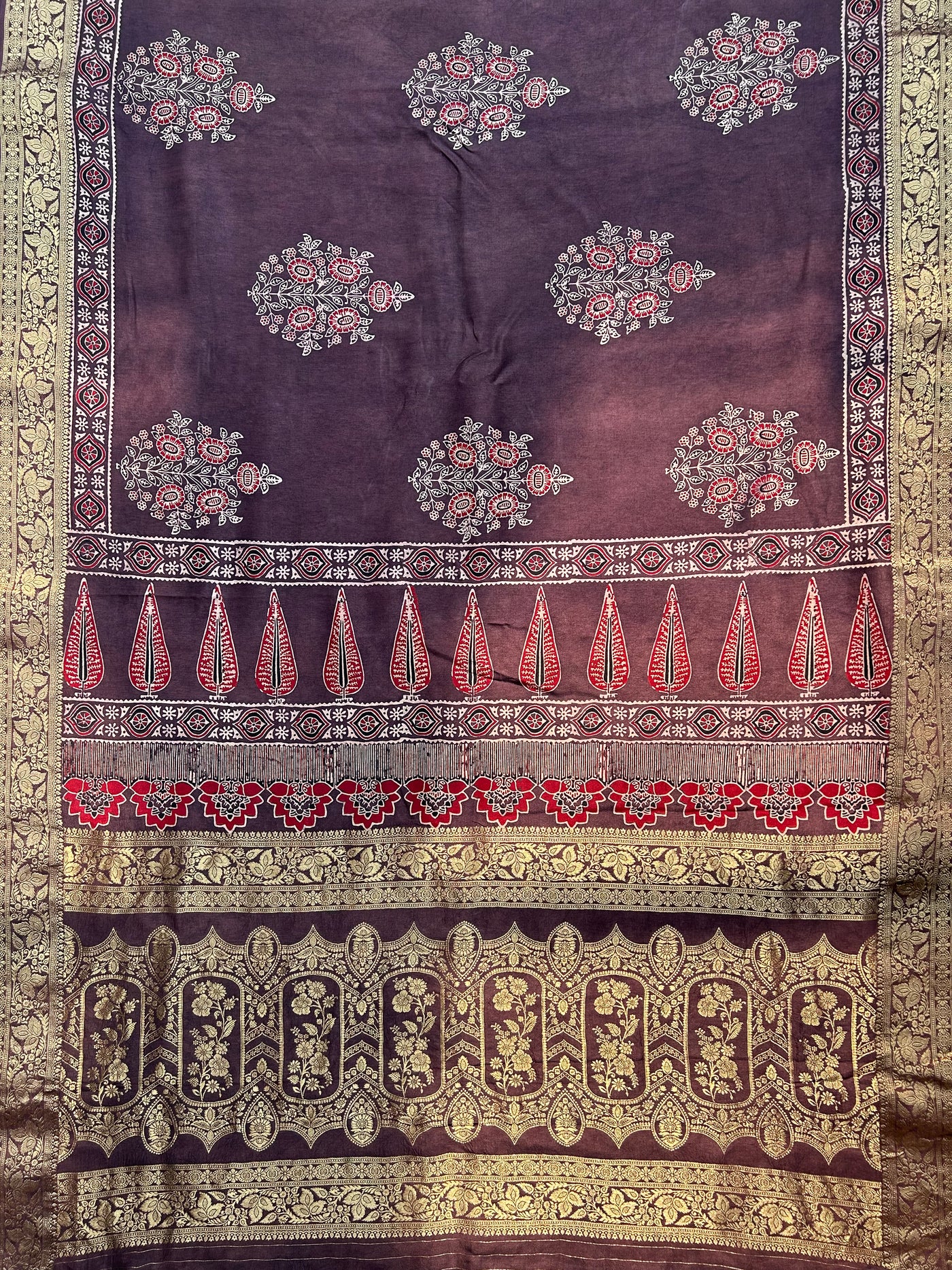 Rubaru:Handblock Ajrakh Dola Silk Saree With Meenakari Pallu.