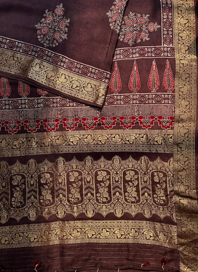 Rubaru:Handblock Ajrakh Dola Silk Saree With Meenakari Pallu.