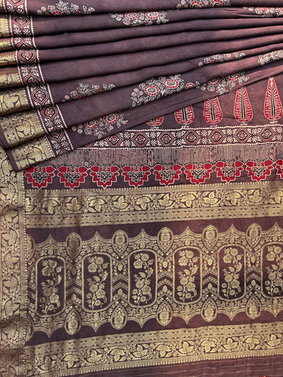 Rubaru:Handblock Ajrakh Dola Silk Saree With Meenakari Pallu.