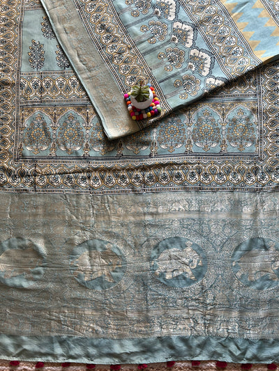 ROOP:Handblock Ajrakh Dola Silk Ajrakh Saree with Meenakari Pallu