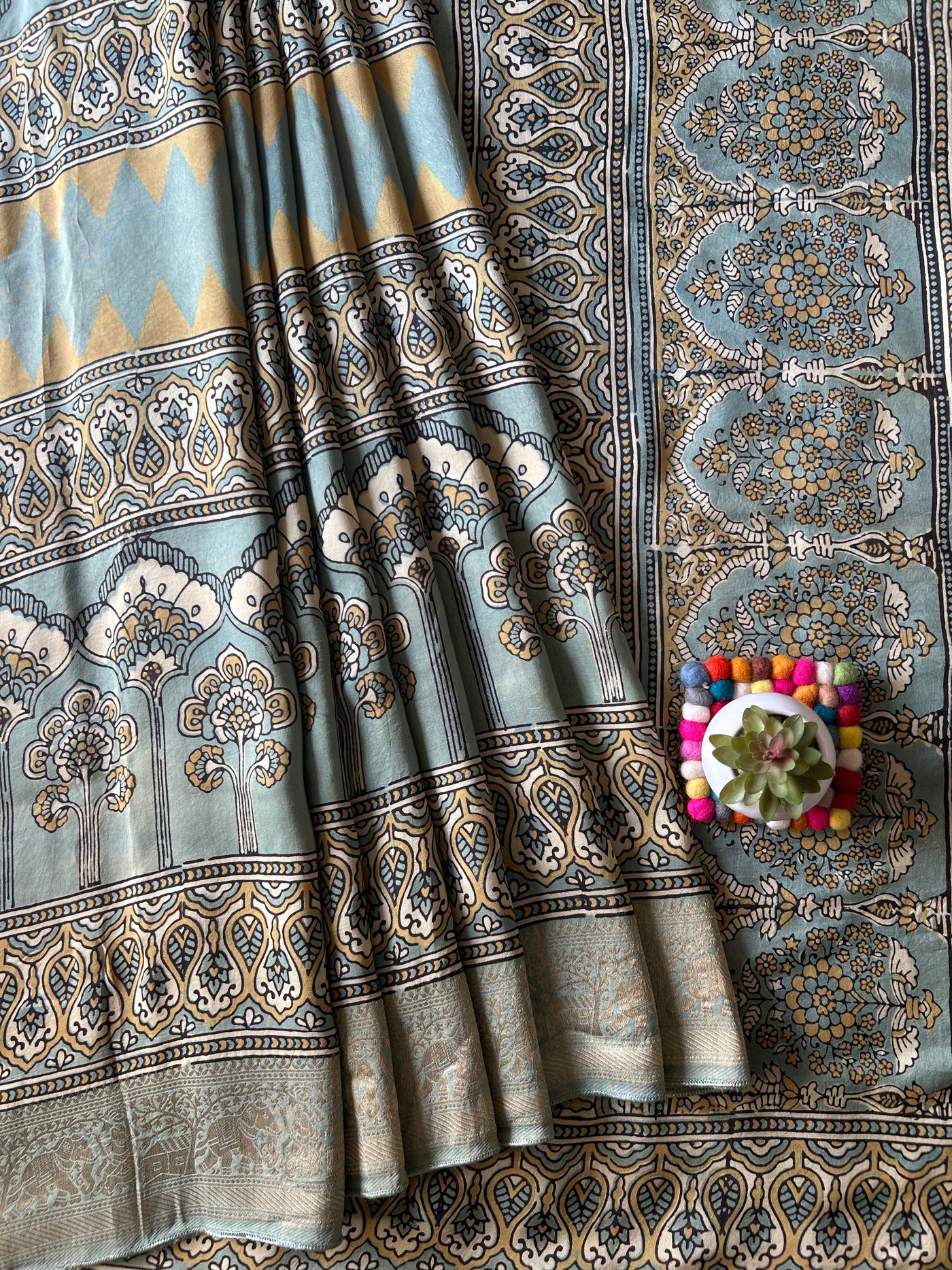 ROOP:Handblock Ajrakh Dola Silk Ajrakh Saree with Meenakari Pallu