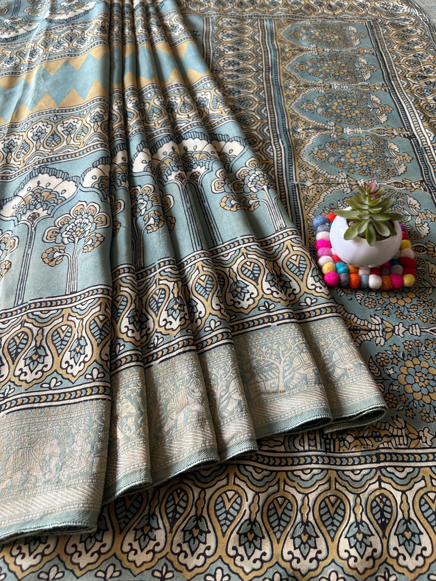 ROOP:Handblock Ajrakh Dola Silk Ajrakh Saree with Meenakari Pallu