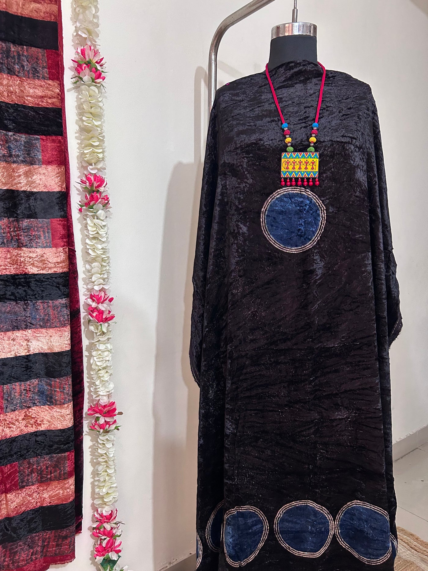 LOVE OF BLACK: BLACK, HANDBLOCK PRINTED AJRAKH VELVET KURTA FABRIC