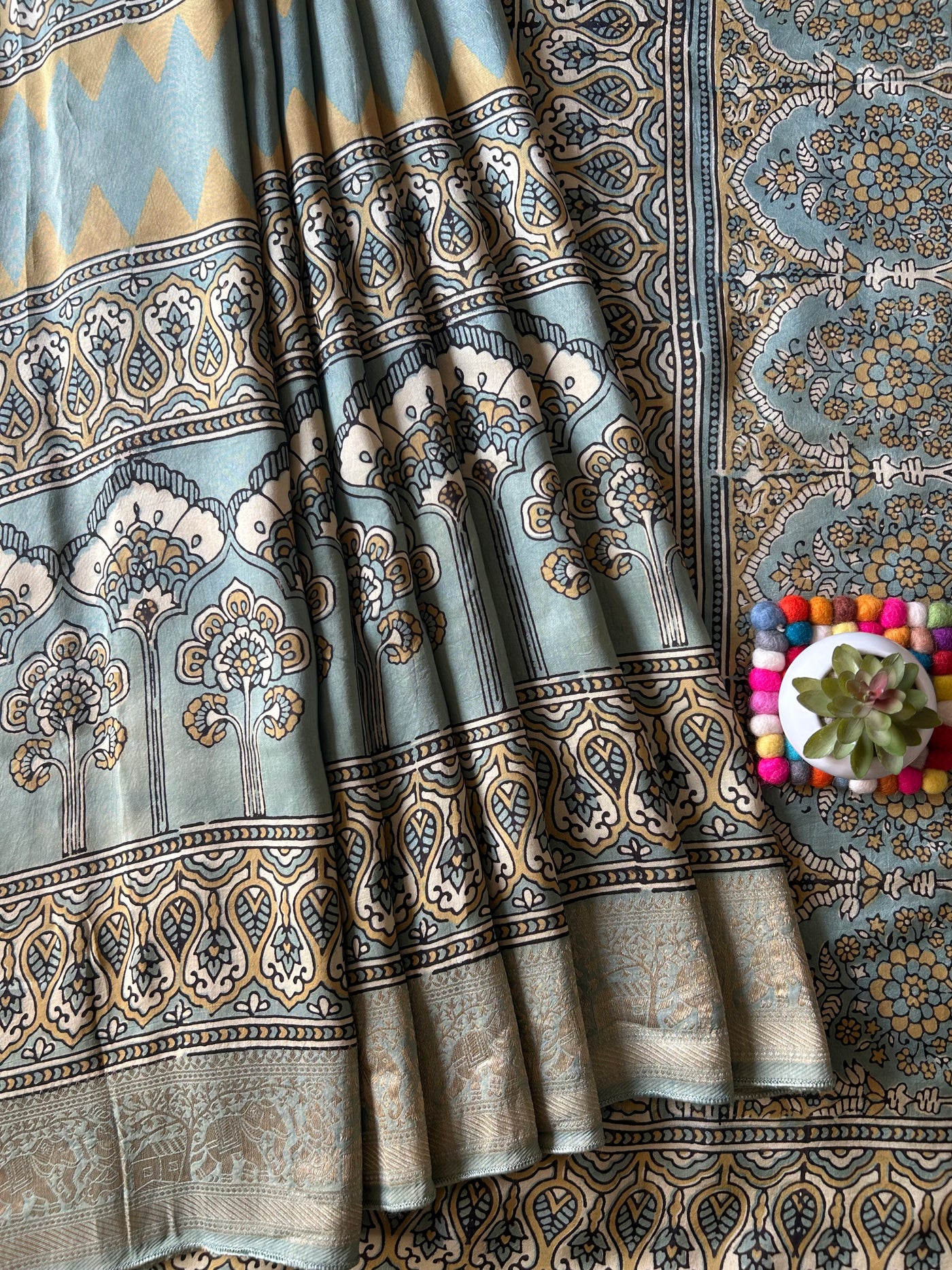 ROOP:Handblock Ajrakh Dola Silk Ajrakh Saree with Meenakari Pallu