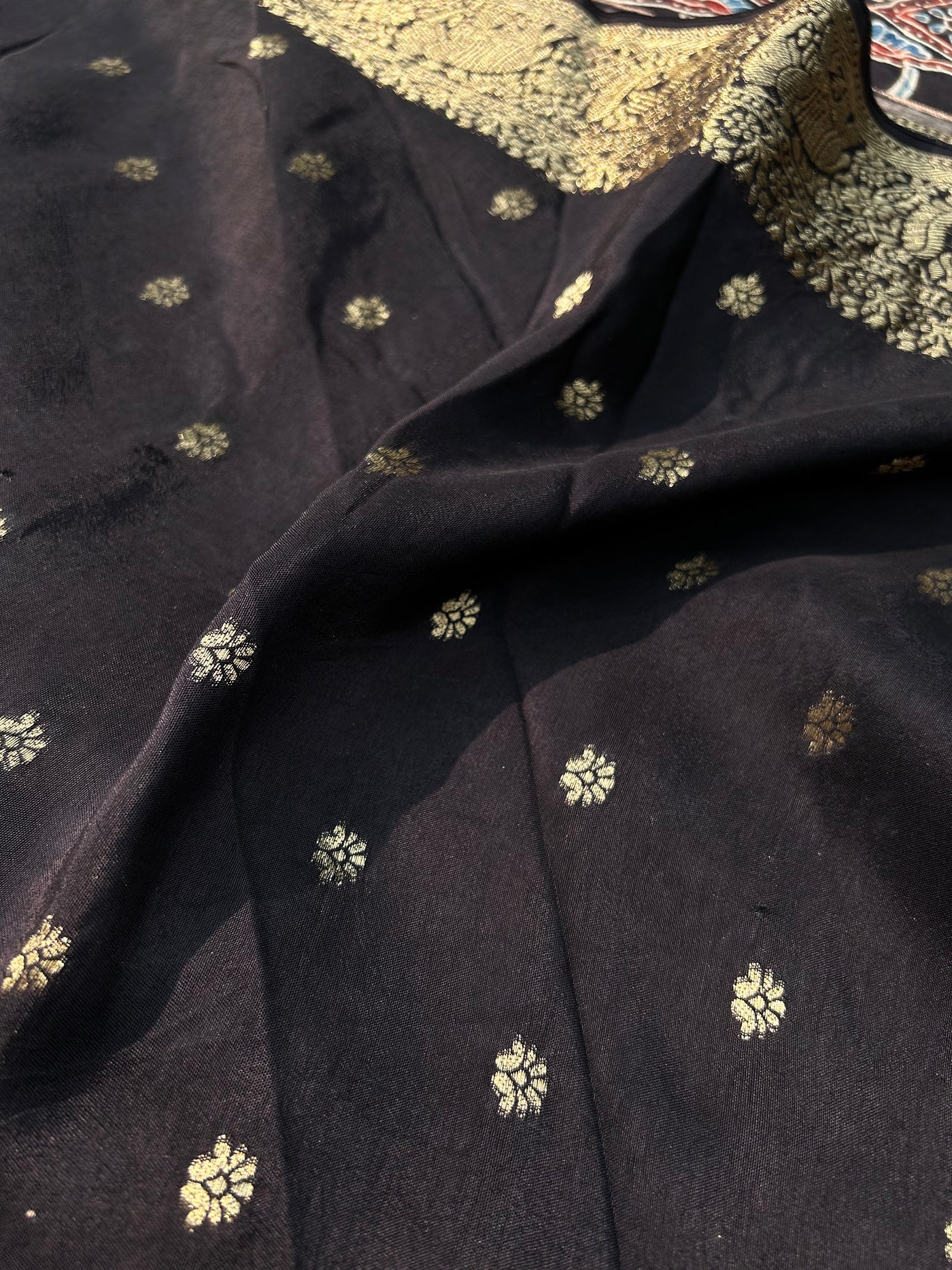 Shivika:Handblock Ajrakh Dola Silk Saree With Meenakari Pallu.