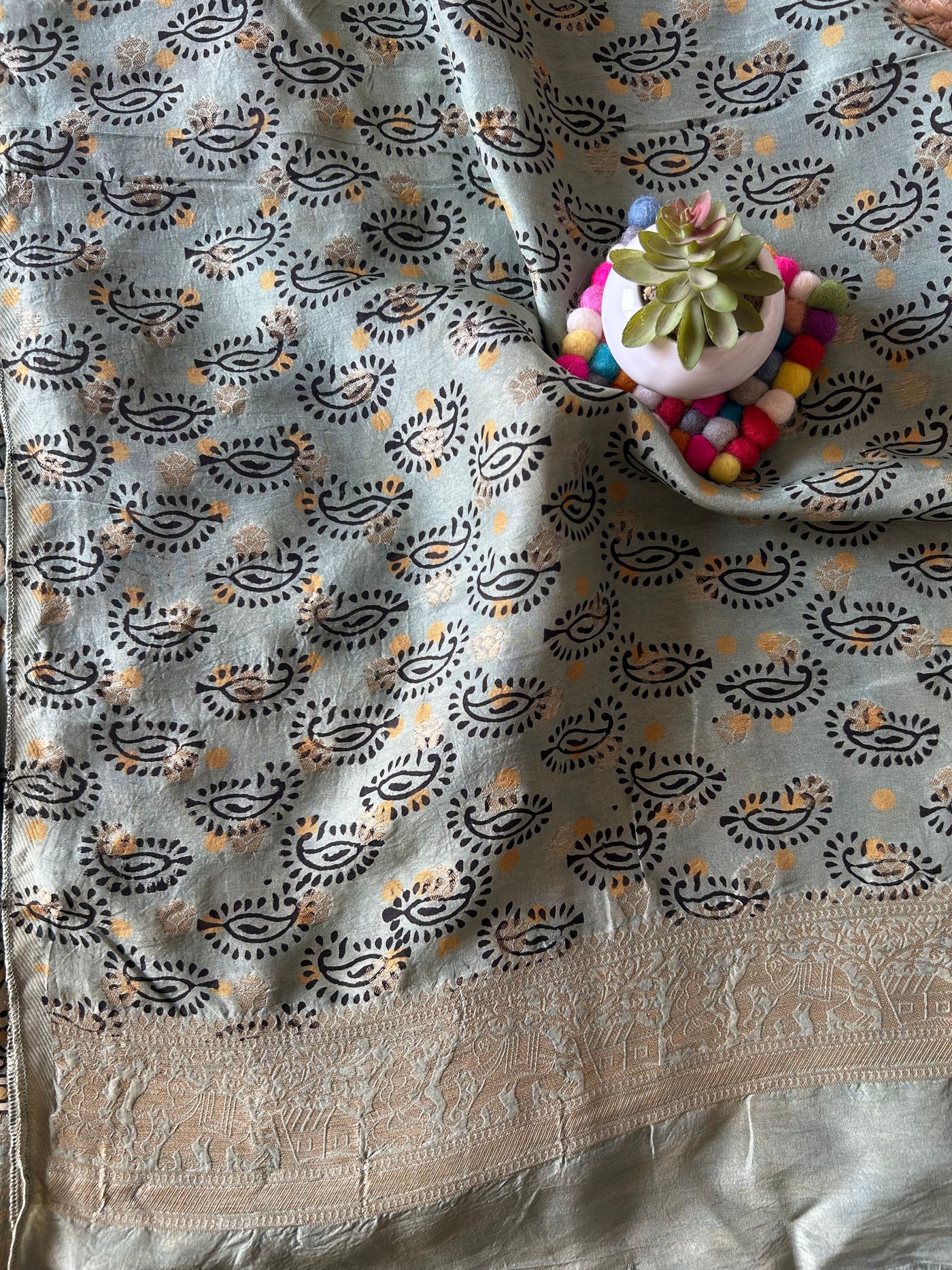 ROOP:Handblock Ajrakh Dola Silk Ajrakh Saree with Meenakari Pallu