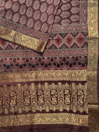 Kinjal:Handblock Ajrakh Dola Silk Saree With Meenakari Pallu.