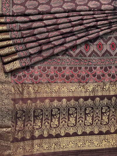 Kinjal:Handblock Ajrakh Dola Silk Saree With Meenakari Pallu.