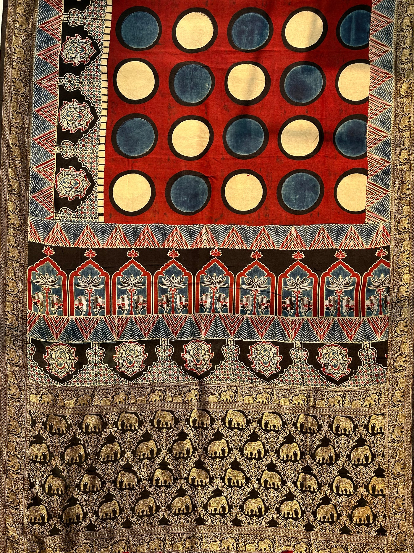 Sangam:Handblock Ajrakh Dola Silk Saree With Meenakari Pallu.