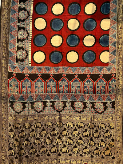 Sangam:Handblock Ajrakh Dola Silk Saree With Meenakari Pallu.