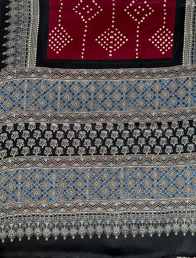 Sindoori:HANDMADE AJRAKH BANDHEJ MODAL SILK SAREE