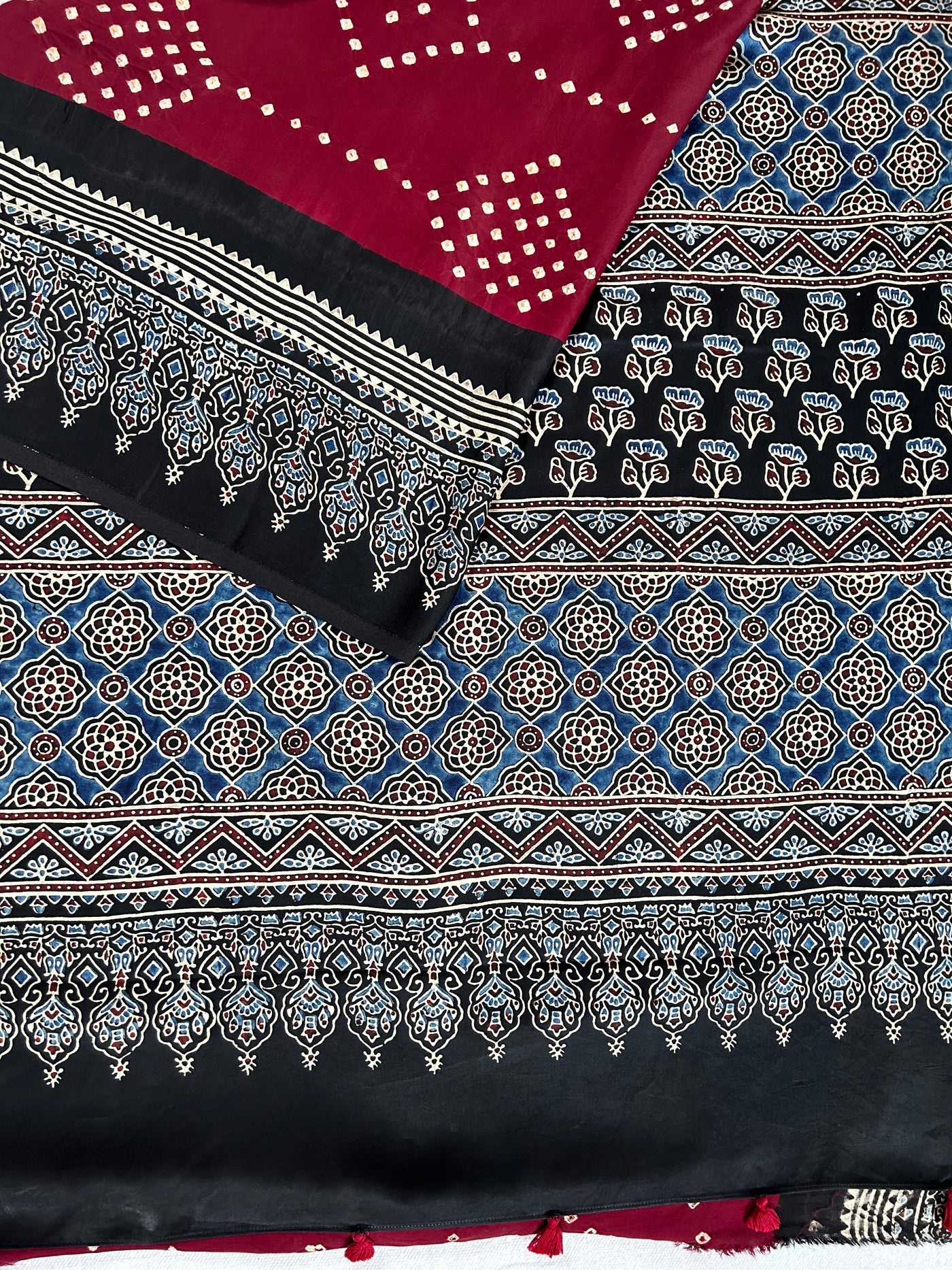 Sindoori:HANDMADE AJRAKH BANDHEJ MODAL SILK SAREE