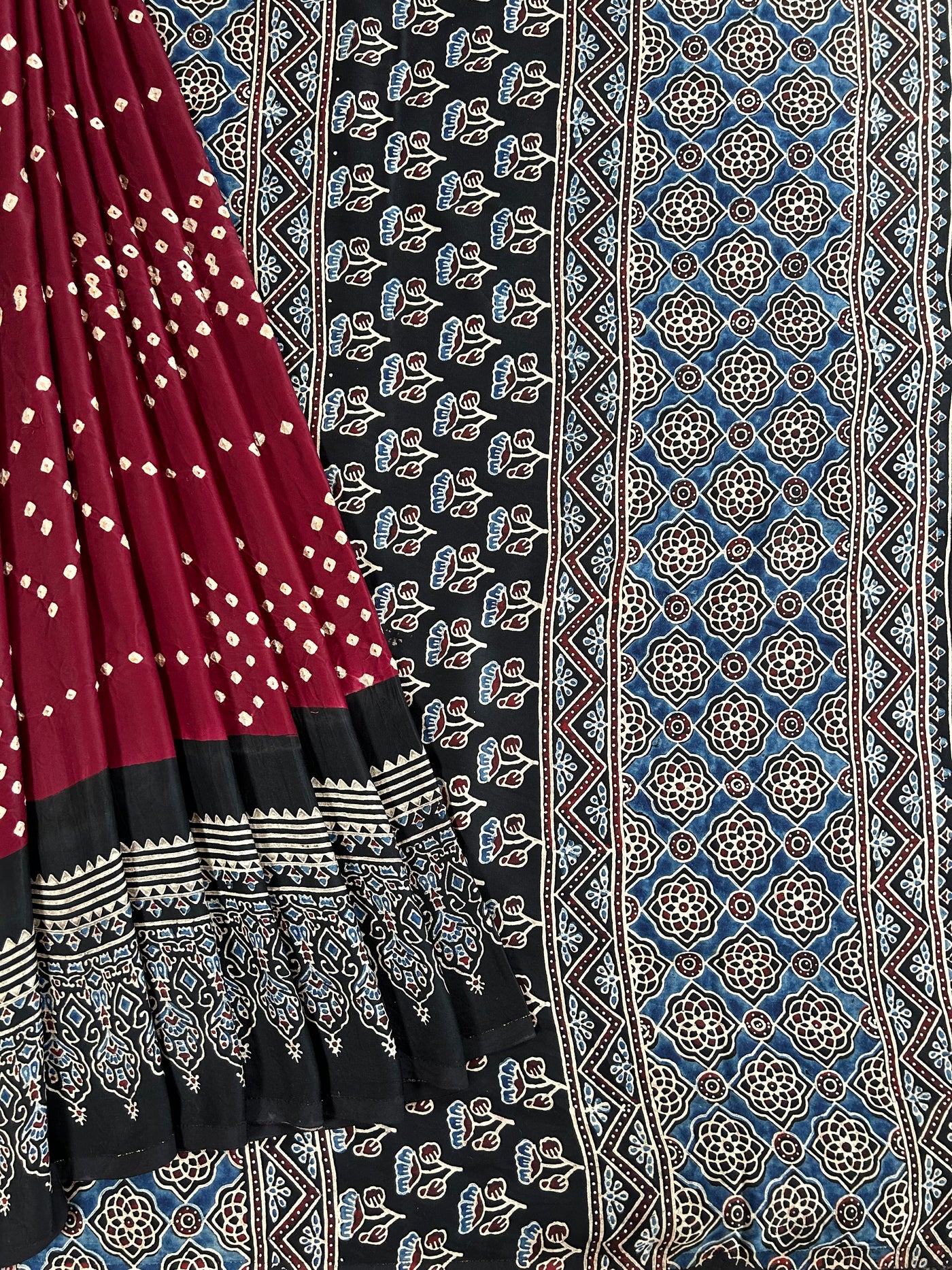 Sindoori:HANDMADE AJRAKH BANDHEJ MODAL SILK SAREE
