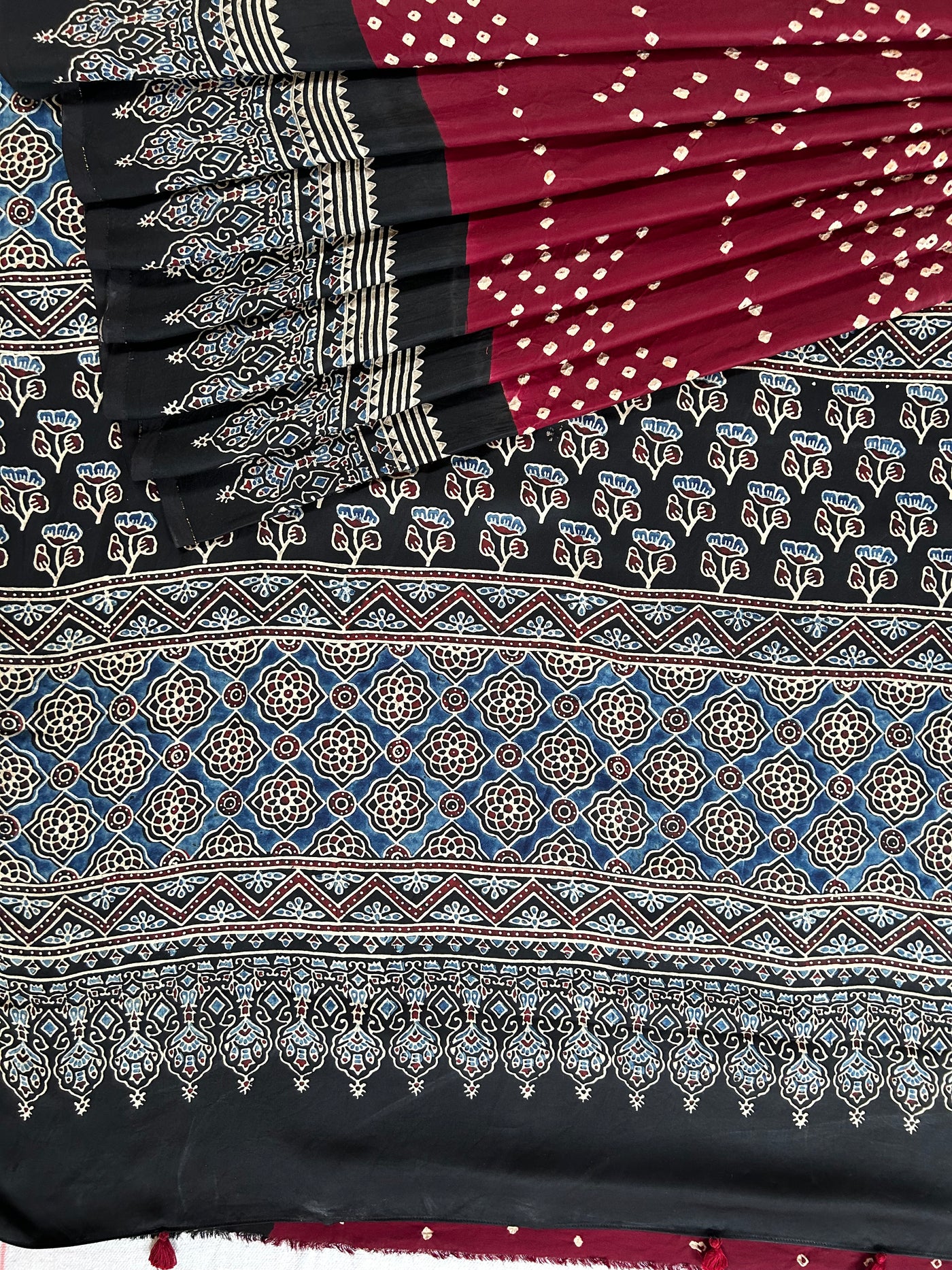 Sindoori:HANDMADE AJRAKH BANDHEJ MODAL SILK SAREE
