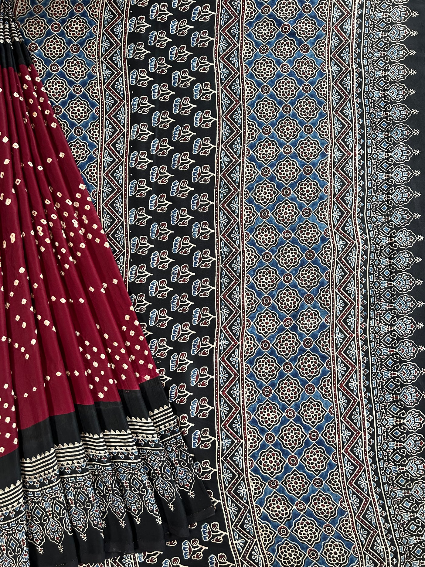 Sindoori:HANDMADE AJRAKH BANDHEJ MODAL SILK SAREE