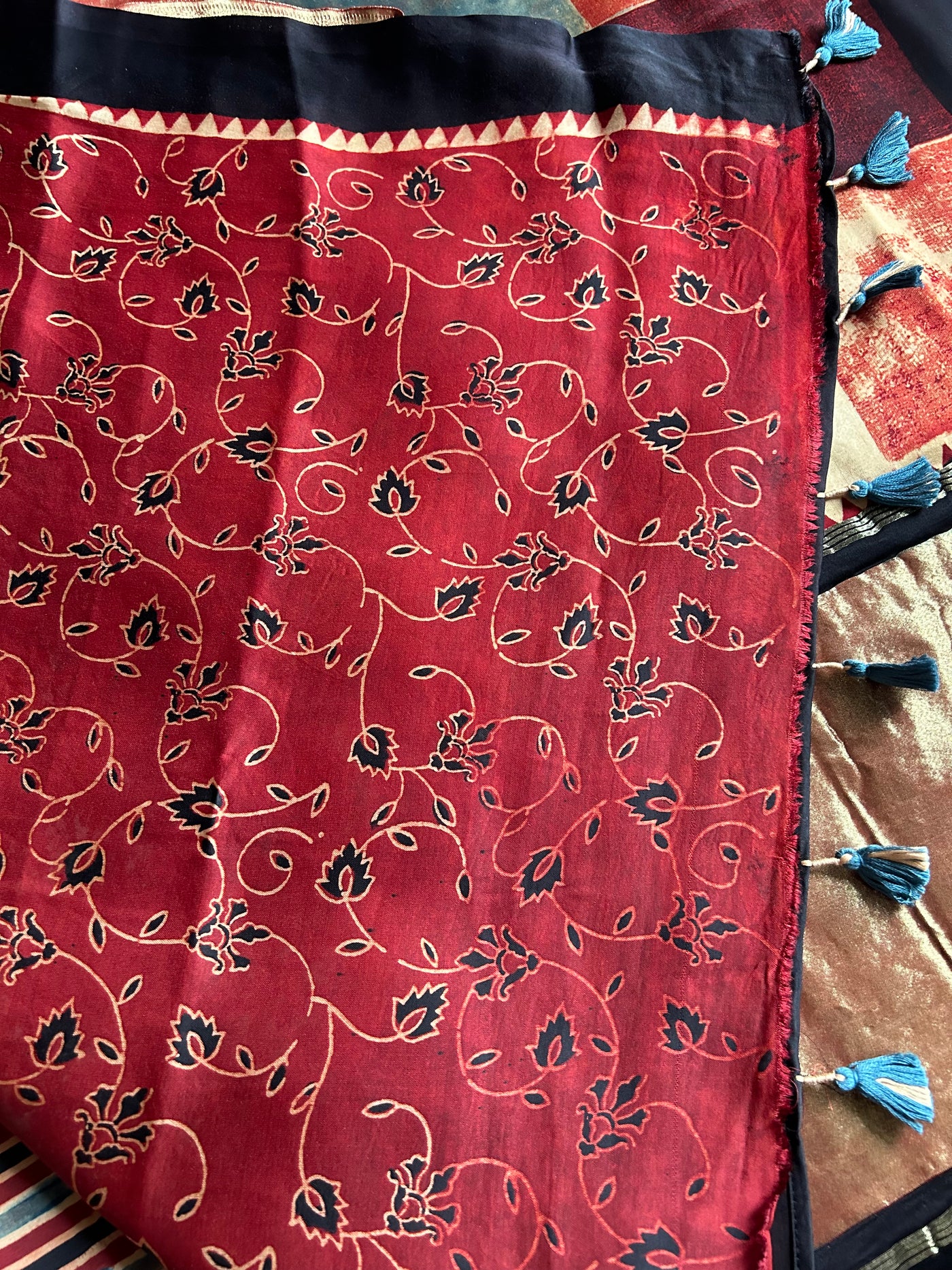 AARADHYA : Handblock Modal Silk Tissue Ajrakh Saree