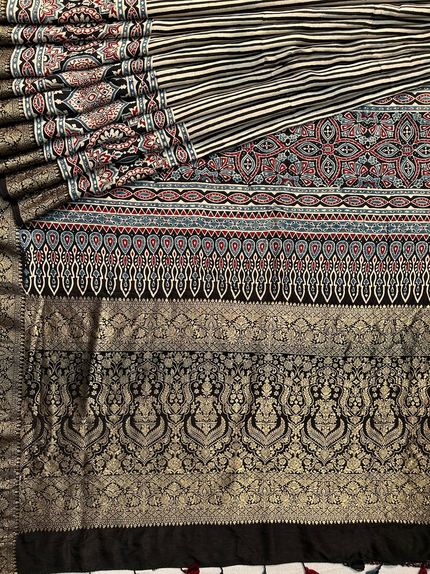 Kundan:Handblock Ajrakh Dola Silk Saree With Meenakari Pallu.