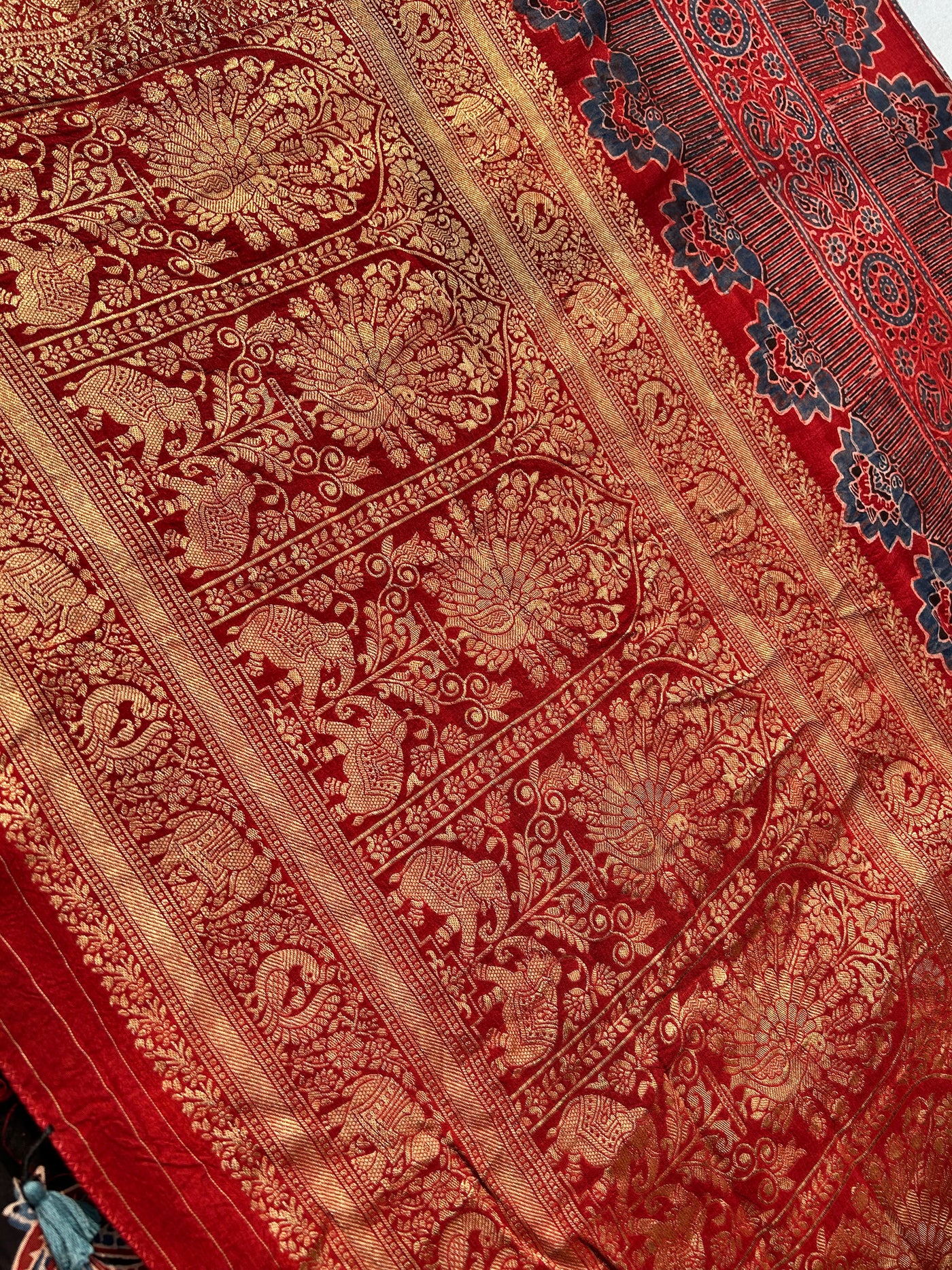 Kaushiki:Handblock Ajrakh Dola Silk Saree With Meenakari Pallu.