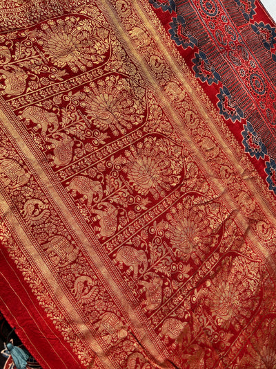 Kaushiki:Handblock Ajrakh Dola Silk Saree With Meenakari Pallu.