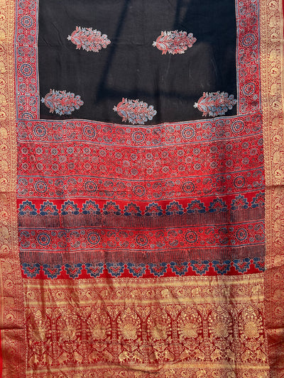 Kaushiki:Handblock Ajrakh Dola Silk Saree With Meenakari Pallu.