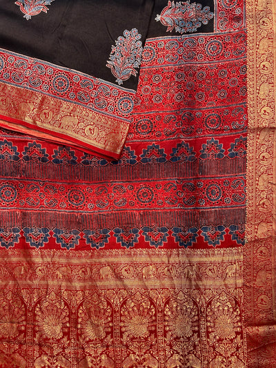 Kaushiki:Handblock Ajrakh Dola Silk Saree With Meenakari Pallu.