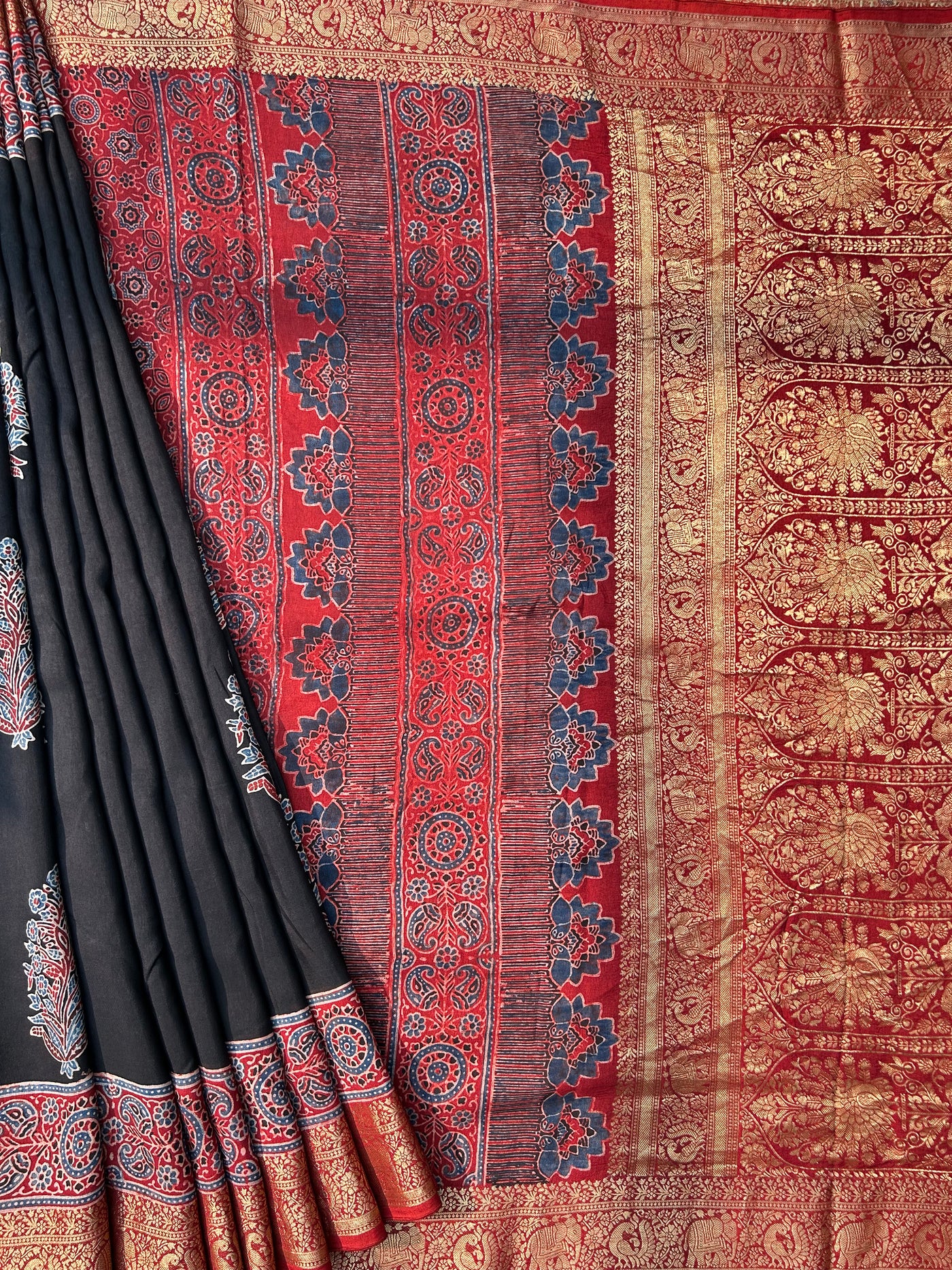 Kaushiki:Handblock Ajrakh Dola Silk Saree With Meenakari Pallu.