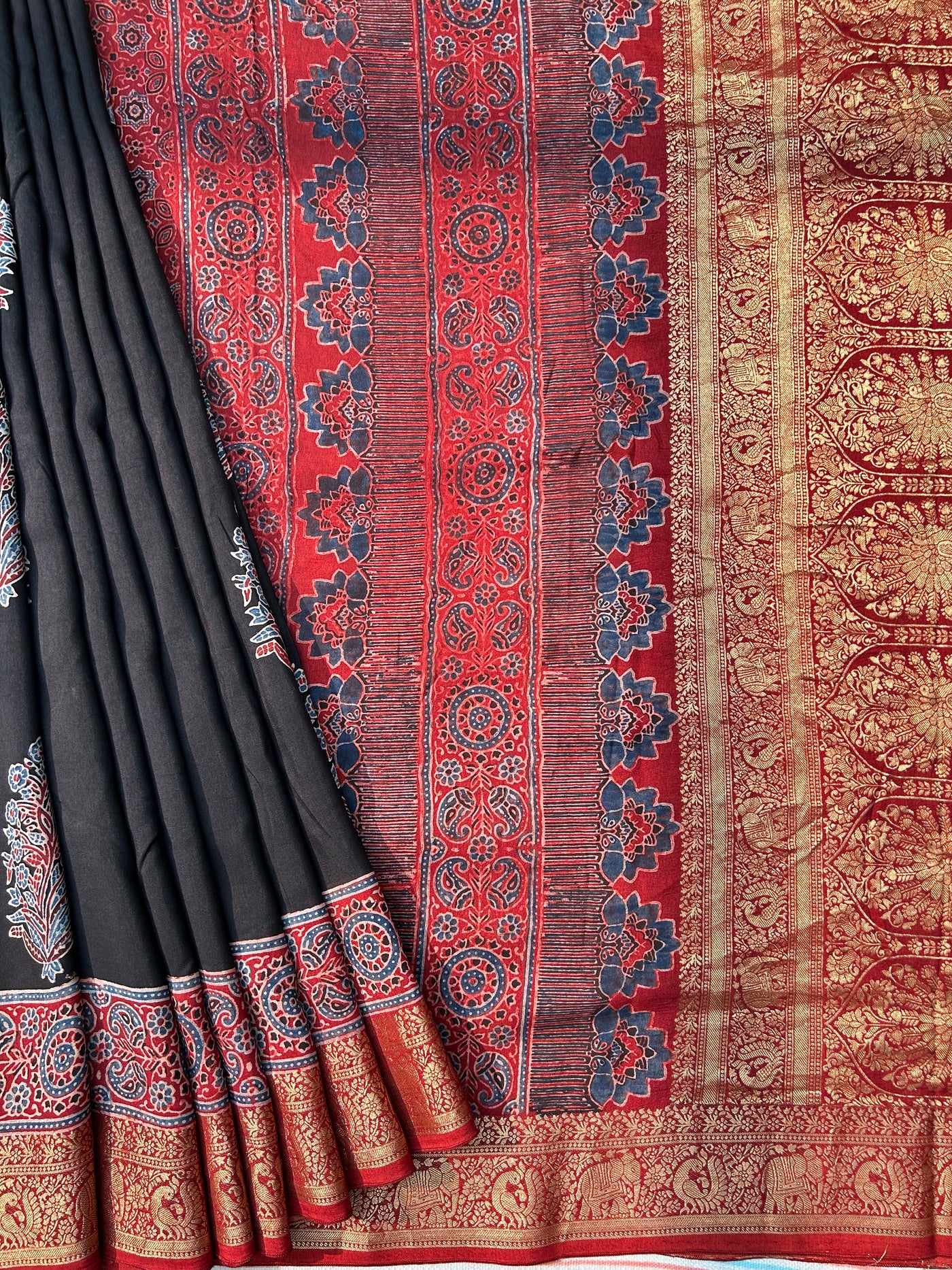 Kaushiki:Handblock Ajrakh Dola Silk Saree With Meenakari Pallu.