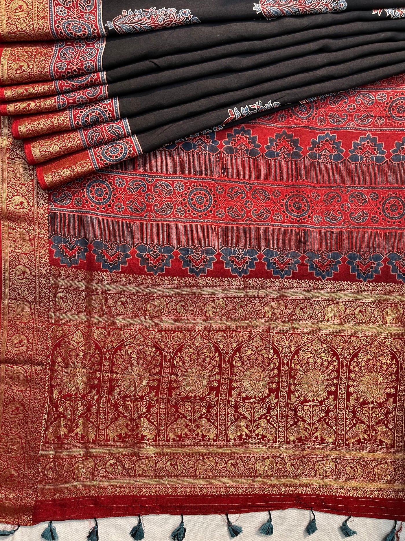 Kaushiki:Handblock Ajrakh Dola Silk Saree With Meenakari Pallu.