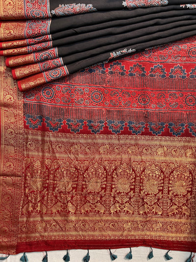 Kaushiki:Handblock Ajrakh Dola Silk Saree With Meenakari Pallu.