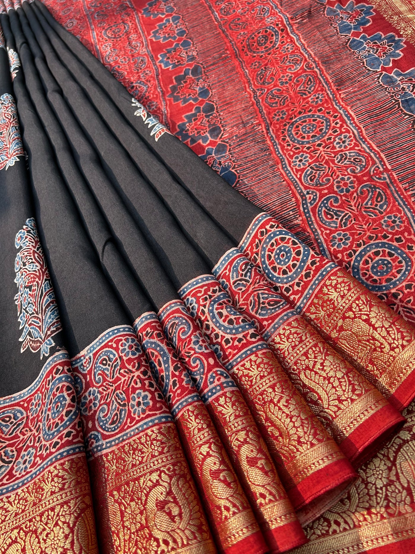 Kaushiki:Handblock Ajrakh Dola Silk Saree With Meenakari Pallu.