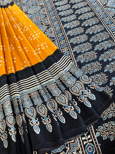 Sanavi: HANDMADE BANDHANI AJRAKH MODAL SILK SAREE