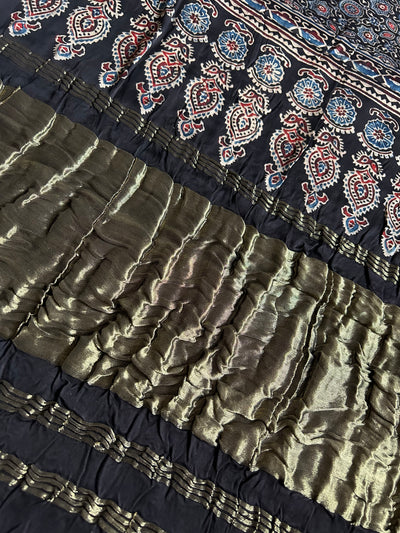 JAISVI: Handblock Modal Silk Tissue Ajrakh Saree