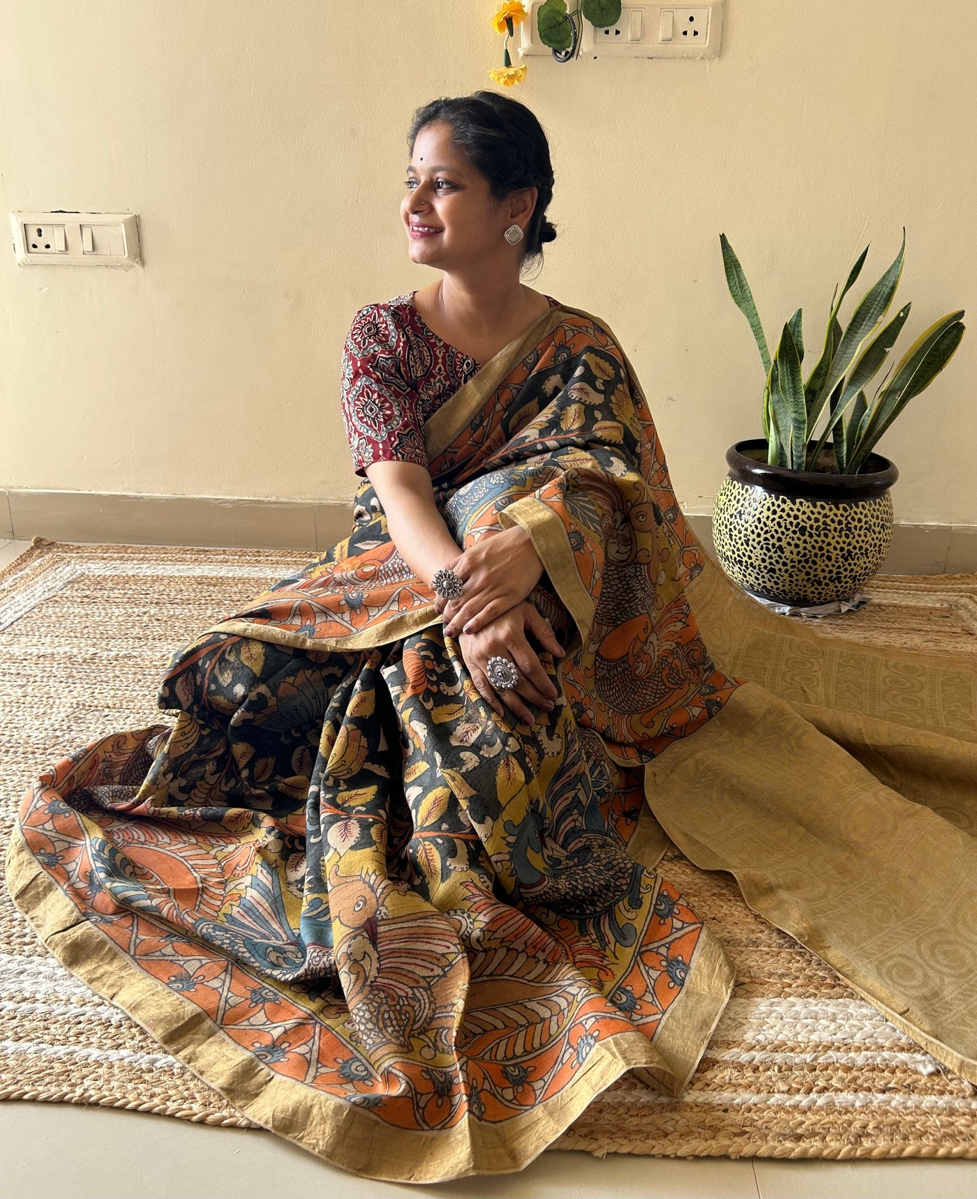 Pankaja: Handloom Pure Tussar Silk Pen Kalamkari Saree