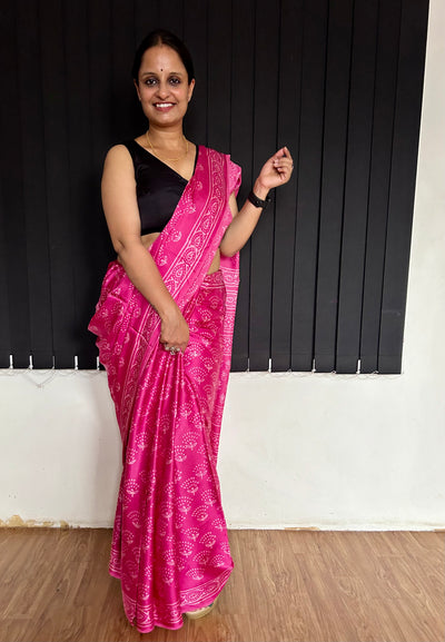 PRAKATI: HANDBLOCK BAGRU PRINTED ICE BLUE MODAL SILK SAREE