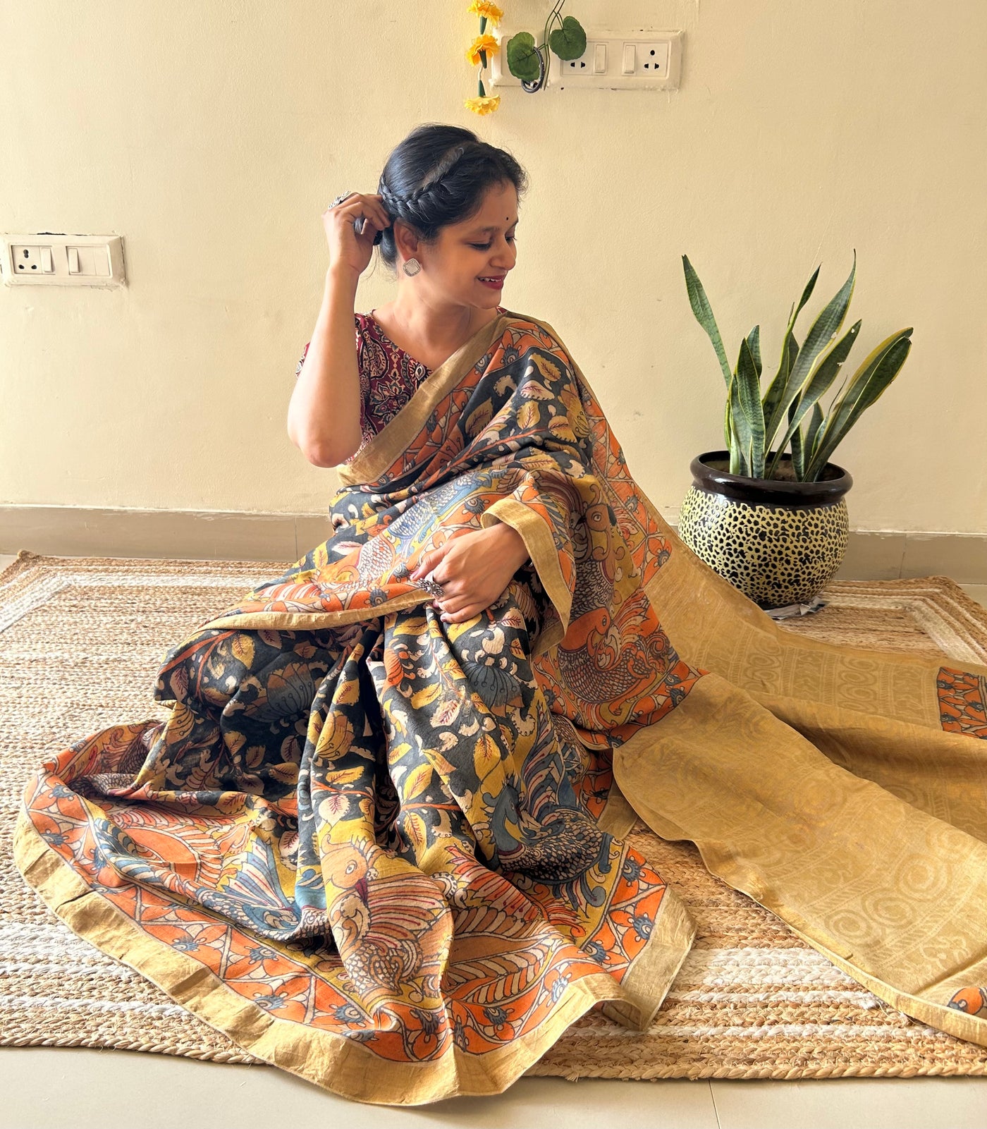 Pankaja: Handloom Pure Tussar Silk Pen Kalamkari Saree