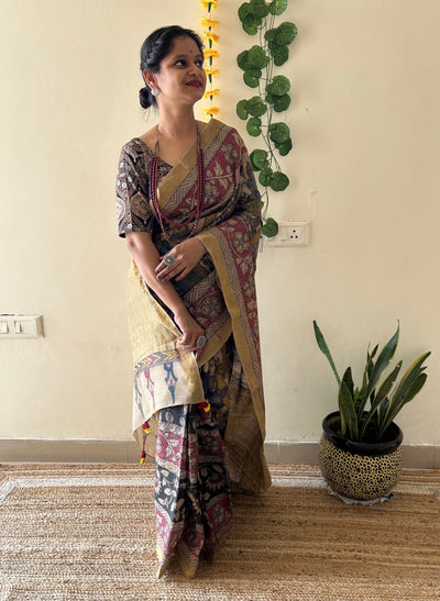 Dashawatar:Handloom Pure Tussar Kalamkari saree