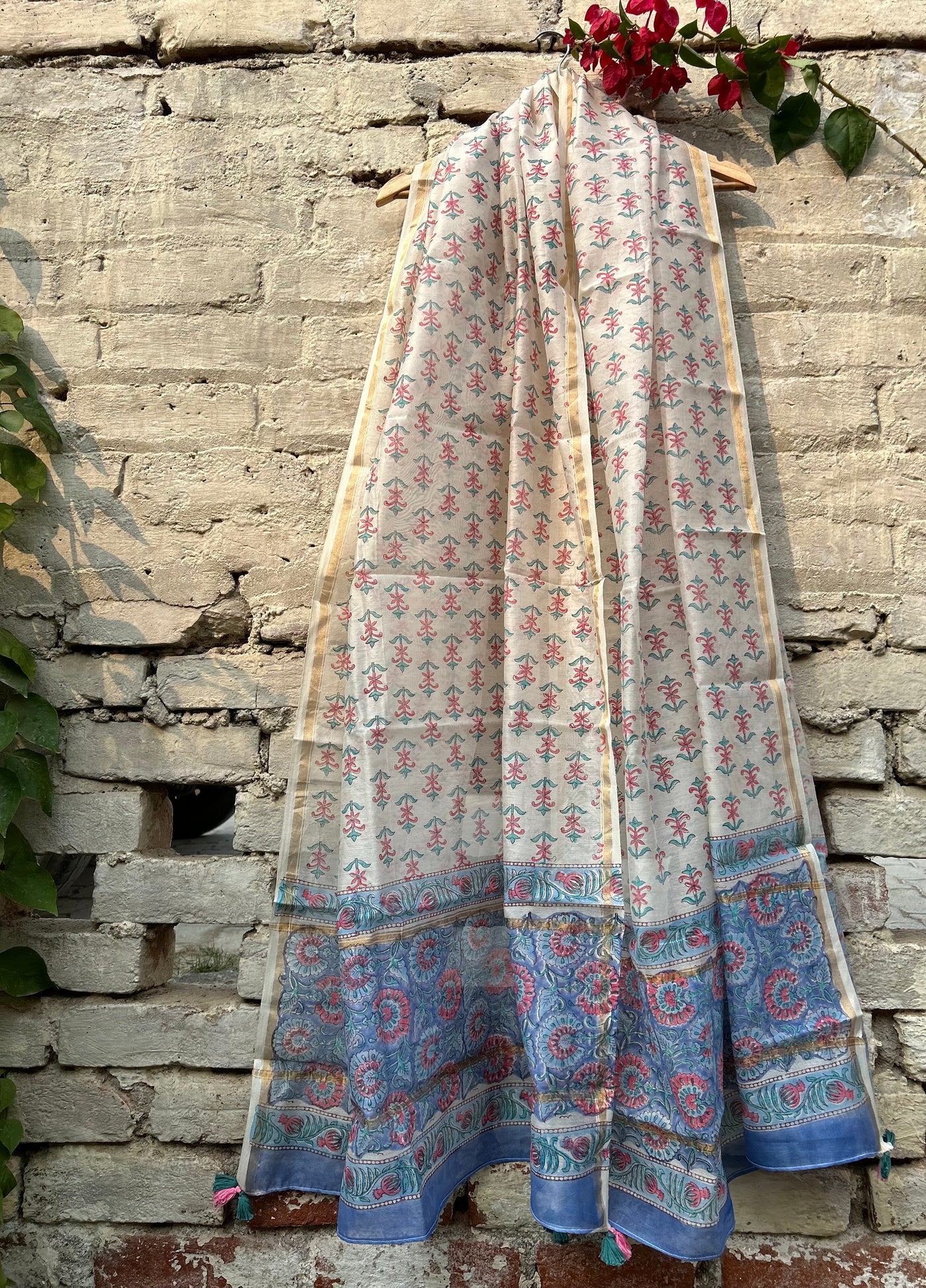 Chandra:Handblock Printed Silk-Cott Chanderi Dupatta