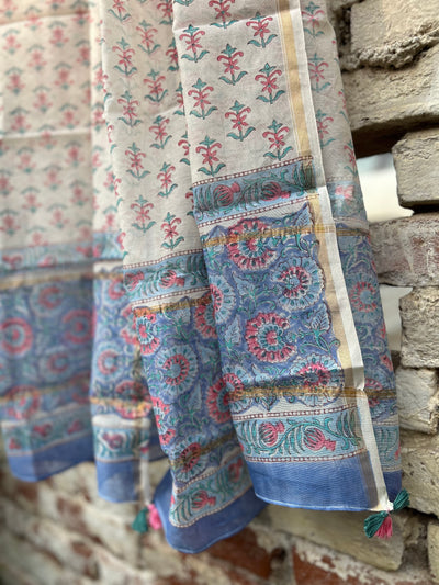 Chandra:Handblock Printed Silk-Cott Chanderi Dupatta