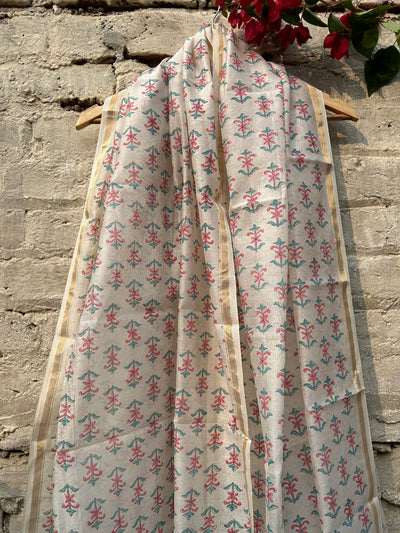 Chandra:Handblock Printed Silk-Cott Chanderi Dupatta