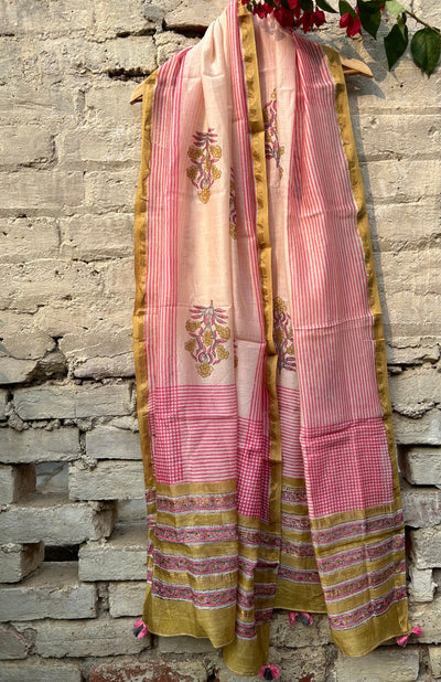 PINK NET: Handblock Printed Silk-Cott Chanderi Dupatta