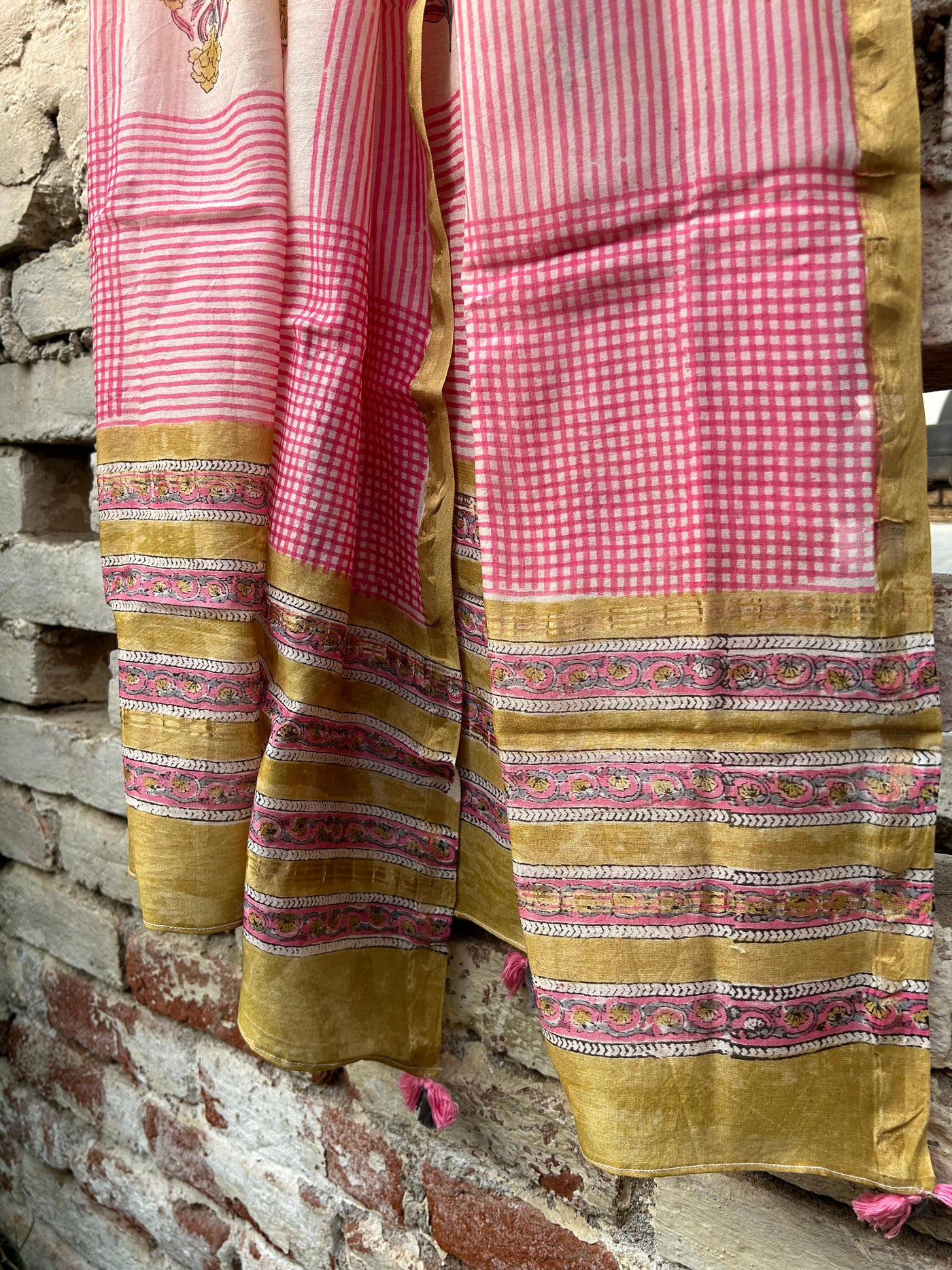 PINK NET: Handblock Printed Silk-Cott Chanderi Dupatta