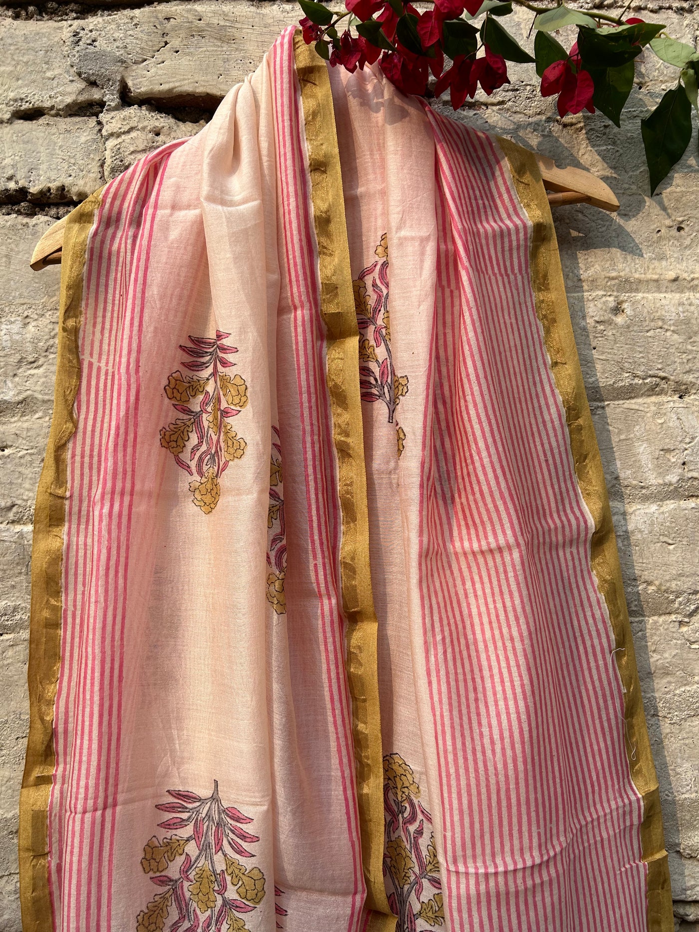 PINK NET: Handblock Printed Silk-Cott Chanderi Dupatta