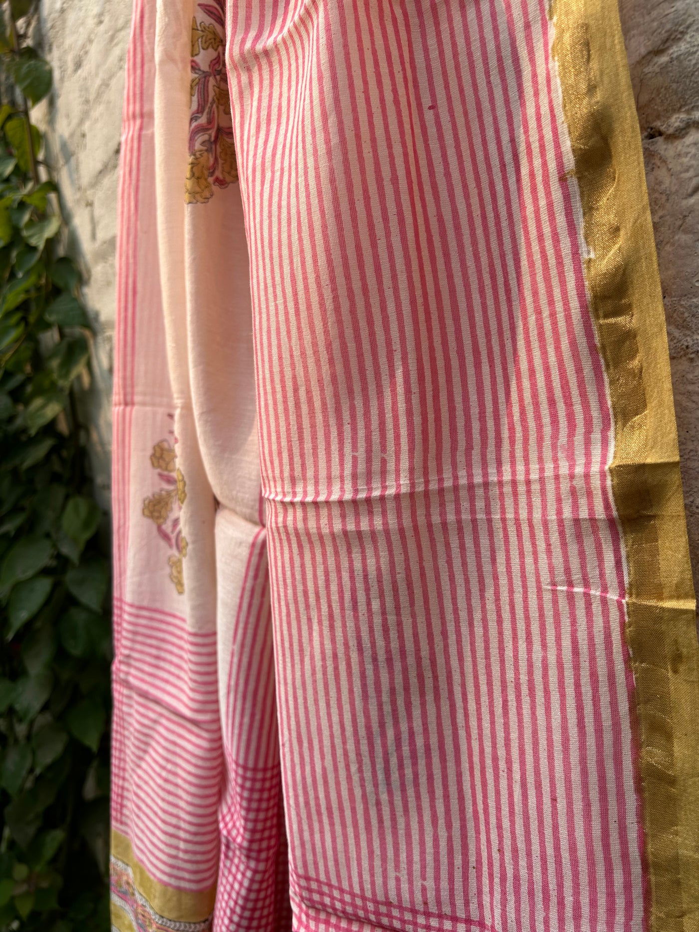 PINK NET: Handblock Printed Silk-Cott Chanderi Dupatta