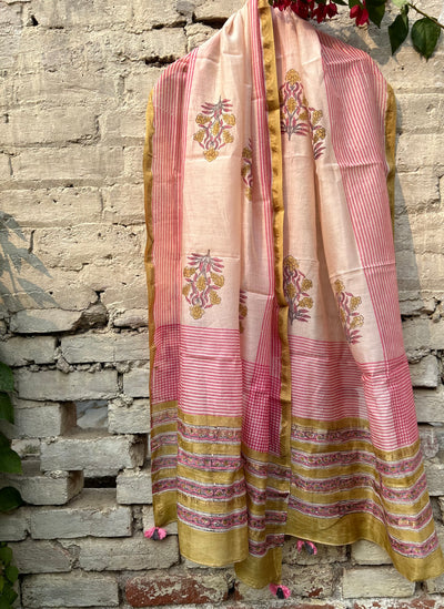 PINK NET: Handblock Printed Silk-Cott Chanderi Dupatta