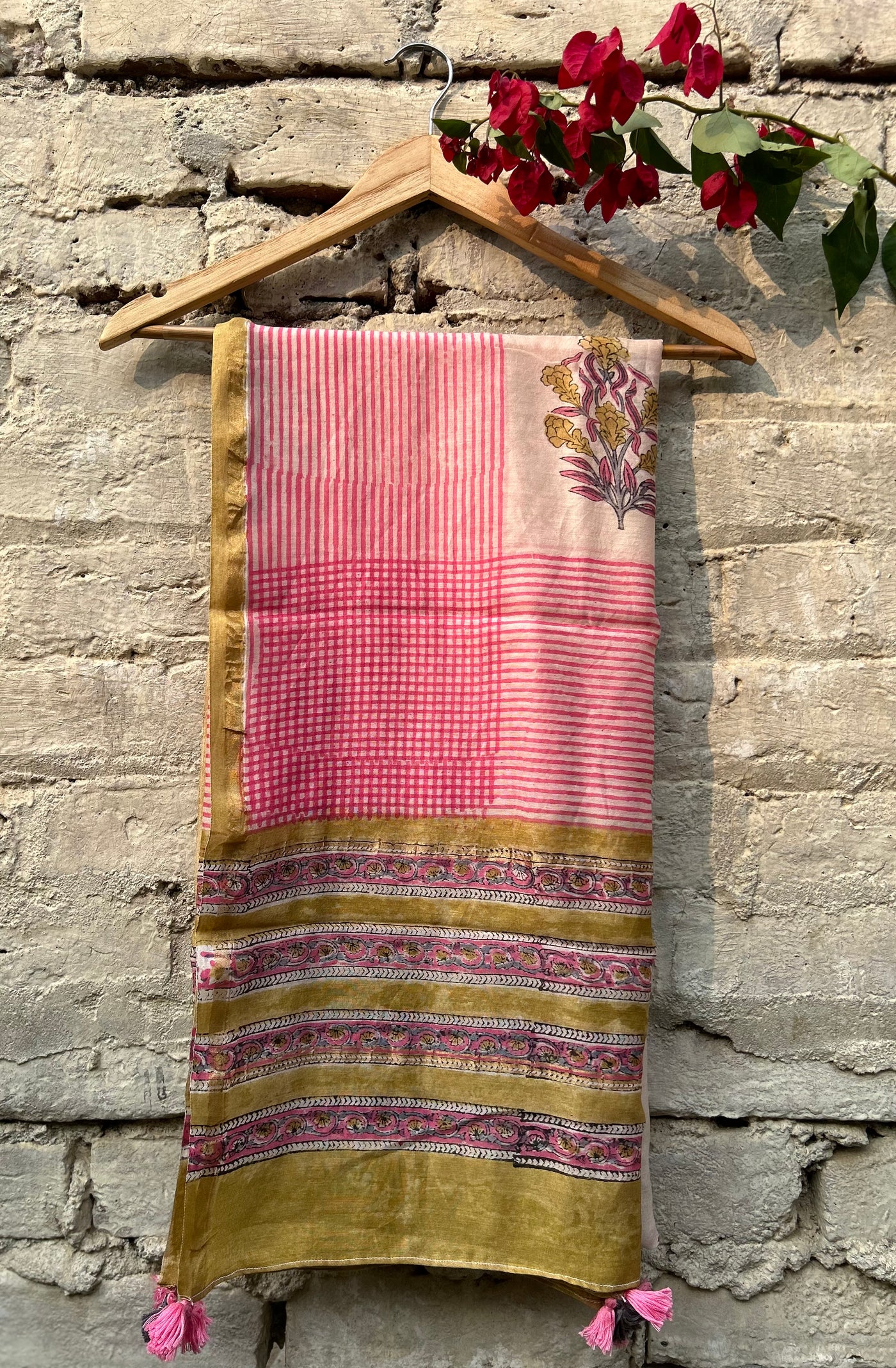 PINK NET: Handblock Printed Silk-Cott Chanderi Dupatta